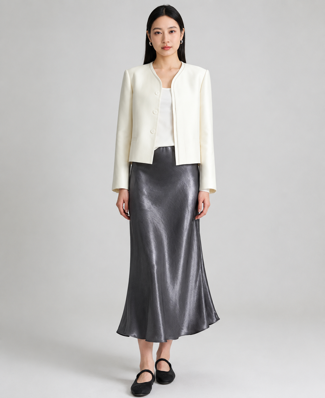 Glazed acetate satin midi skirt（charcoal grey）