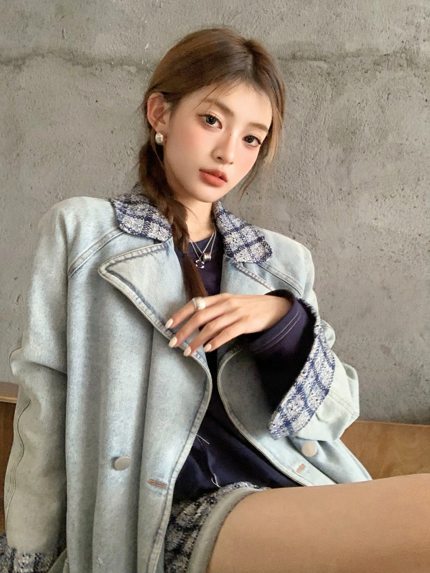 Elegant Tweed Patchwork Washed Denim Trench Coat