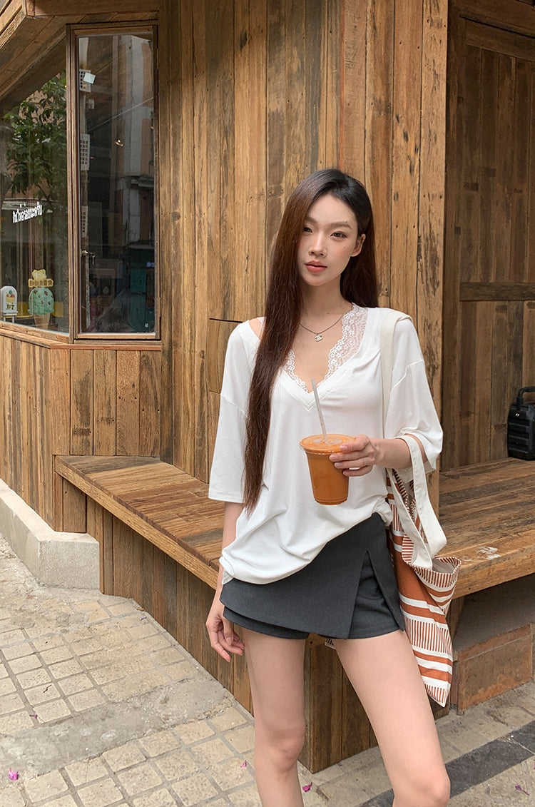 Straight-Shoulder Lace Faux Two-Piece Loose TEE