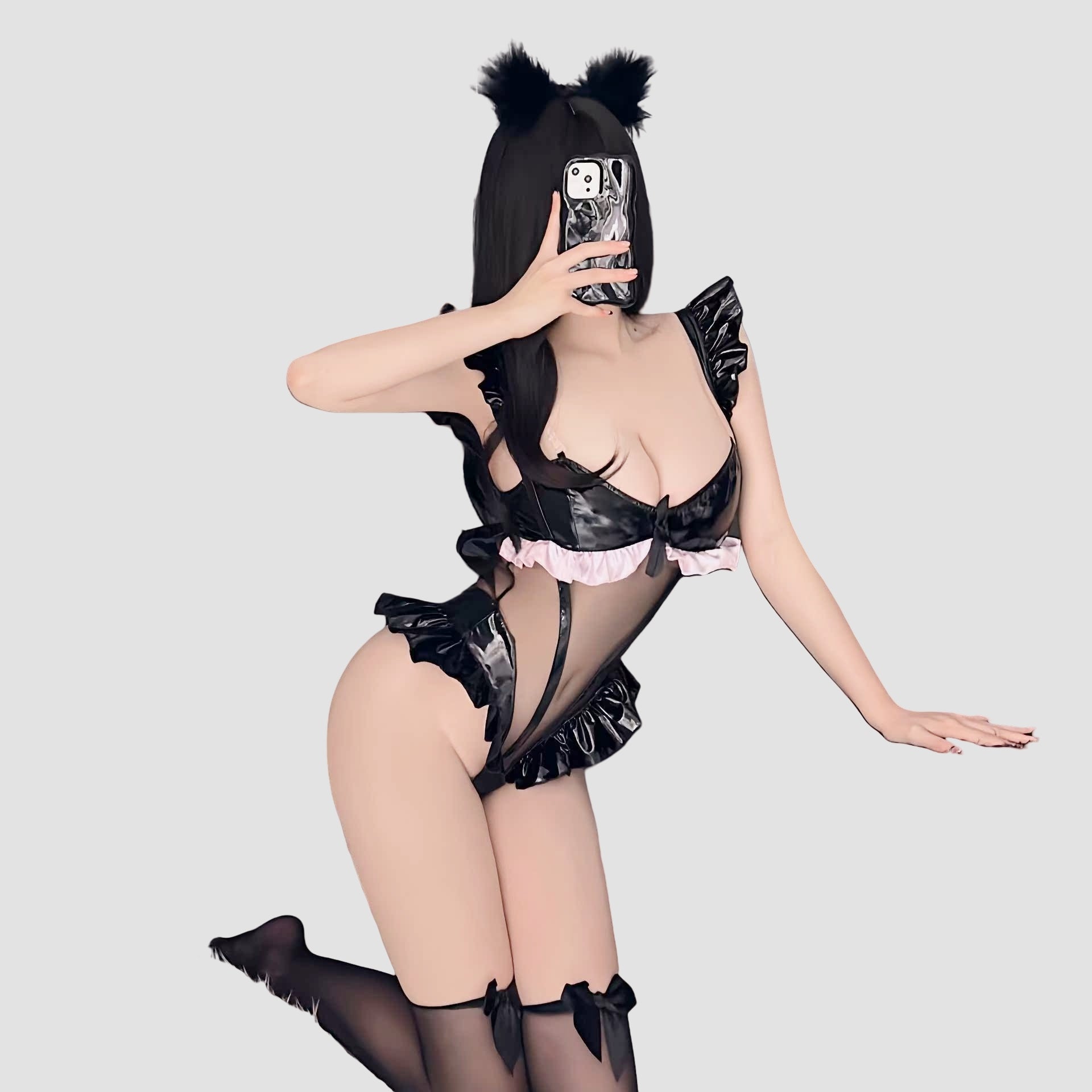PU Patchwork Mesh Ruffled Bodysuit Lingerie