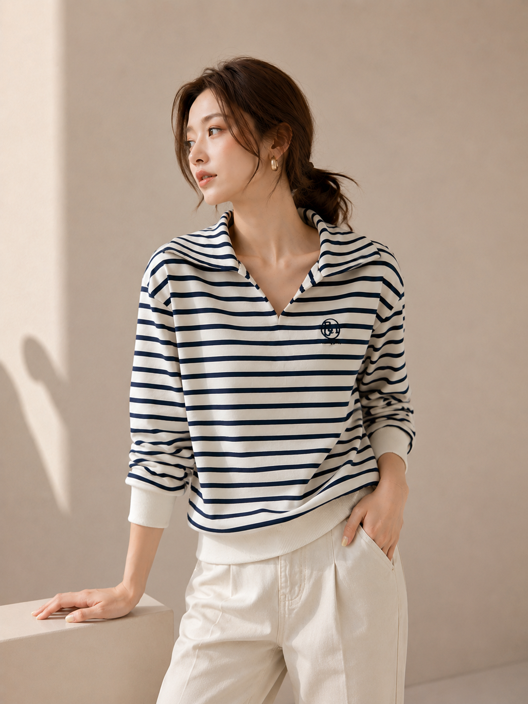 Cotton Korean-Style Striped Polo Top