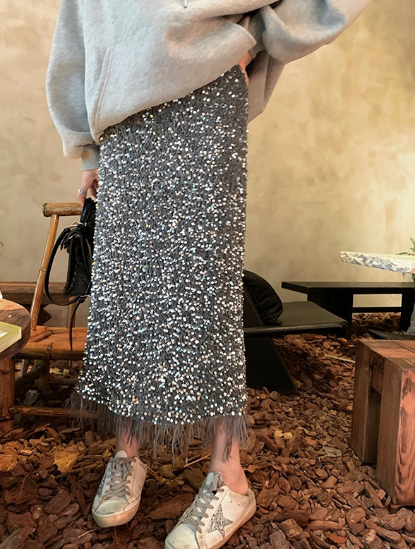 Sequin Skirt with Ostrich-Feather Trim