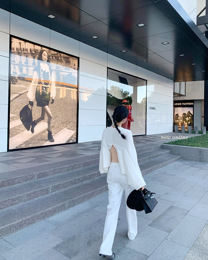 Back-Slit Relaxed Patchwork Batwing Sleeve Knit Top