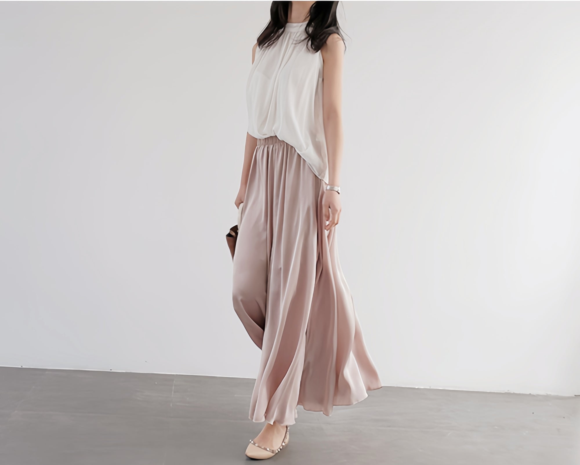 Delicate Pleated Shimmer Wide-Leg Skirt Pants