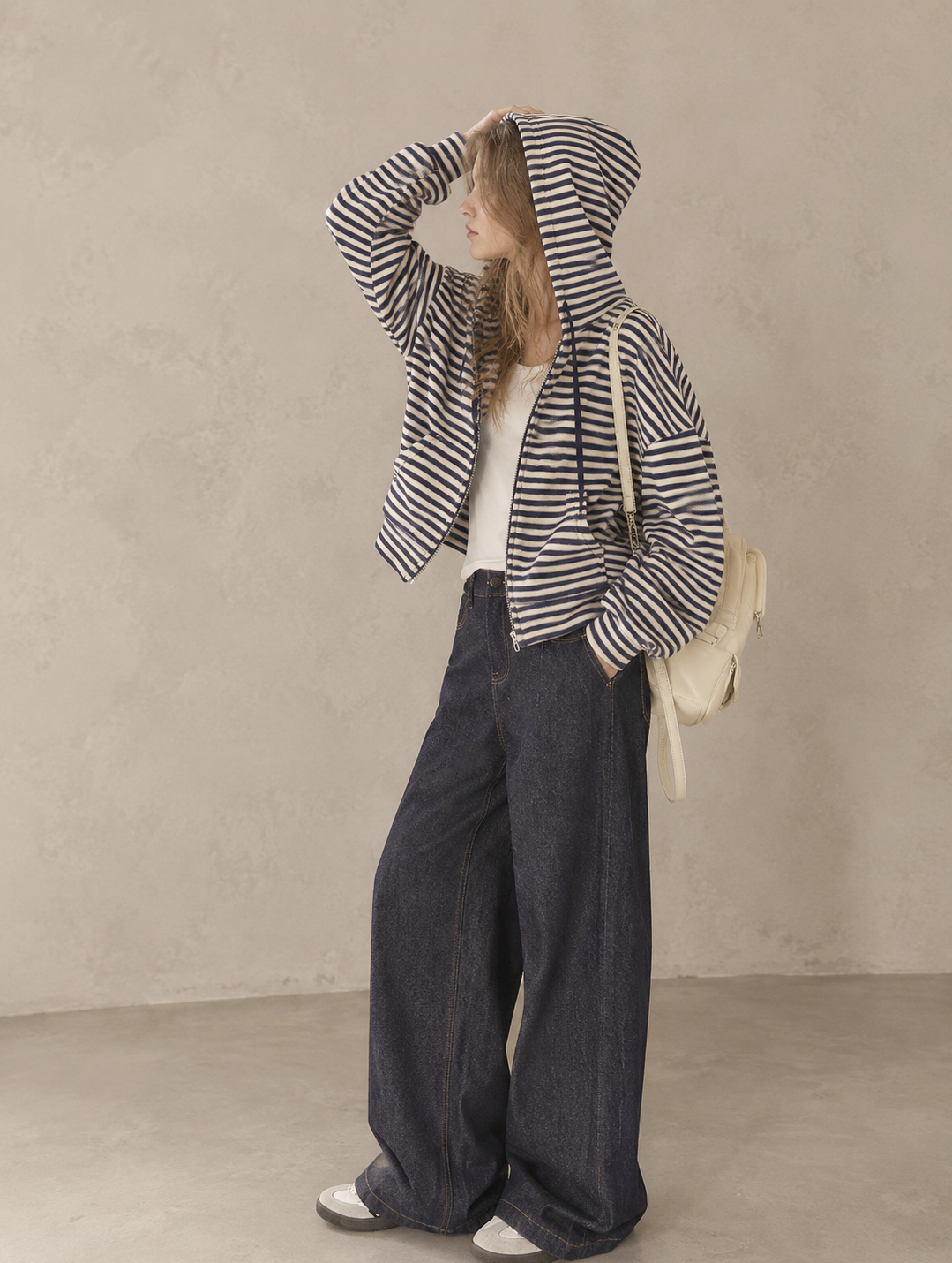 Korean-Inspired Blue Striped Hooded Zip-Up