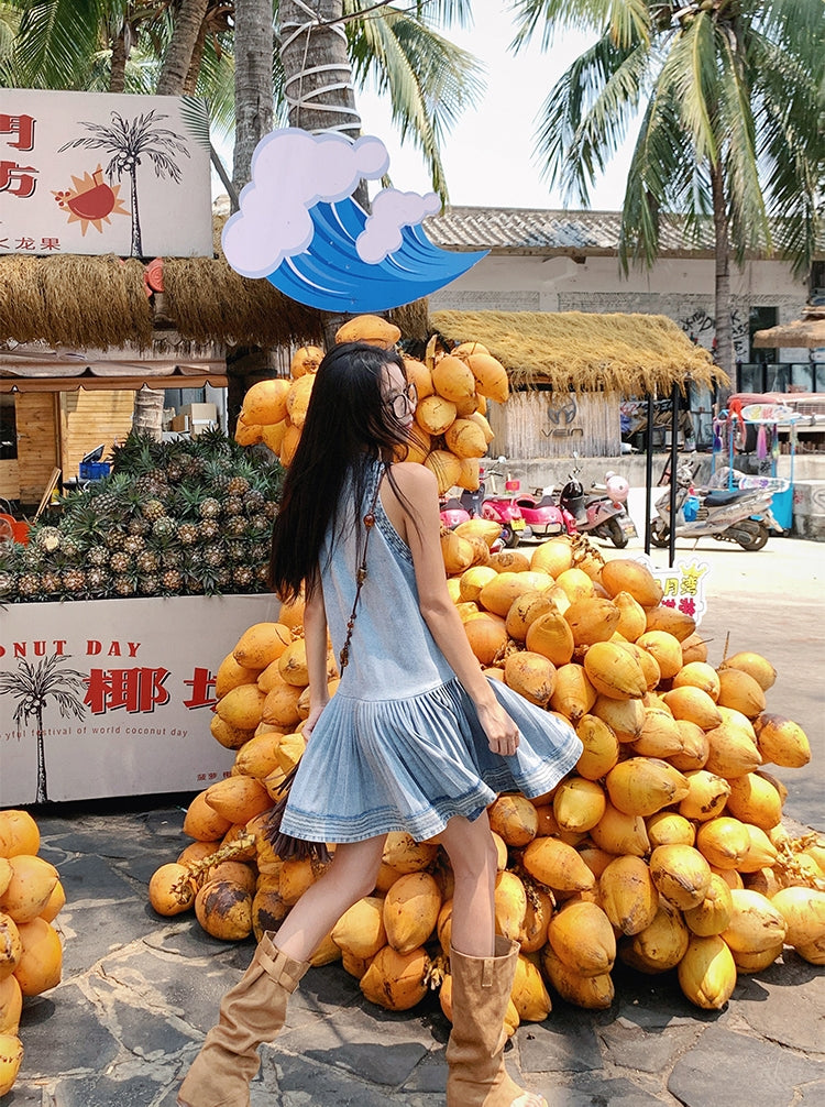 Pleated Denim Vest Dress