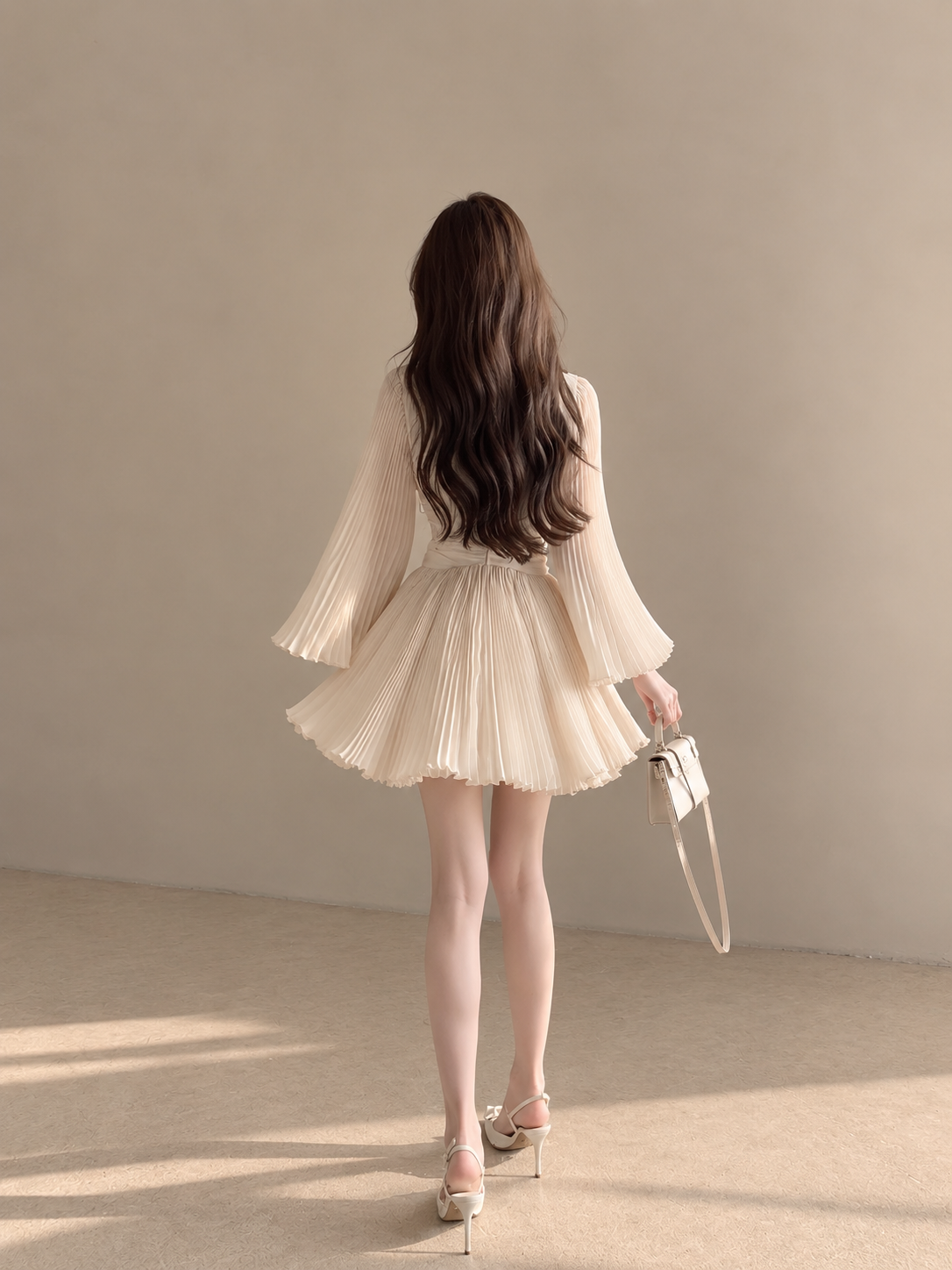 Apricot Pleated Flare-Sleeve Dress