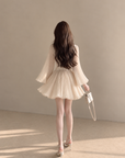 Apricot Pleated Flare-Sleeve Dress