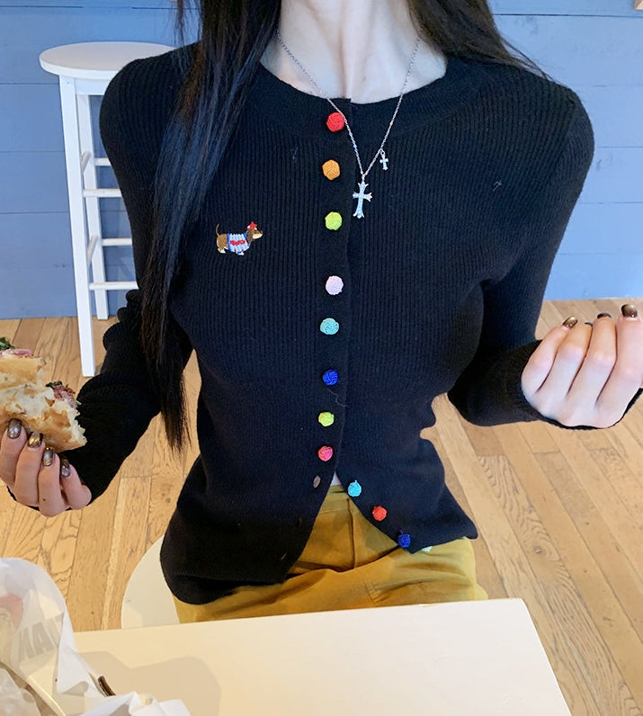 Dachshund Embroidered Fitted Knit Top