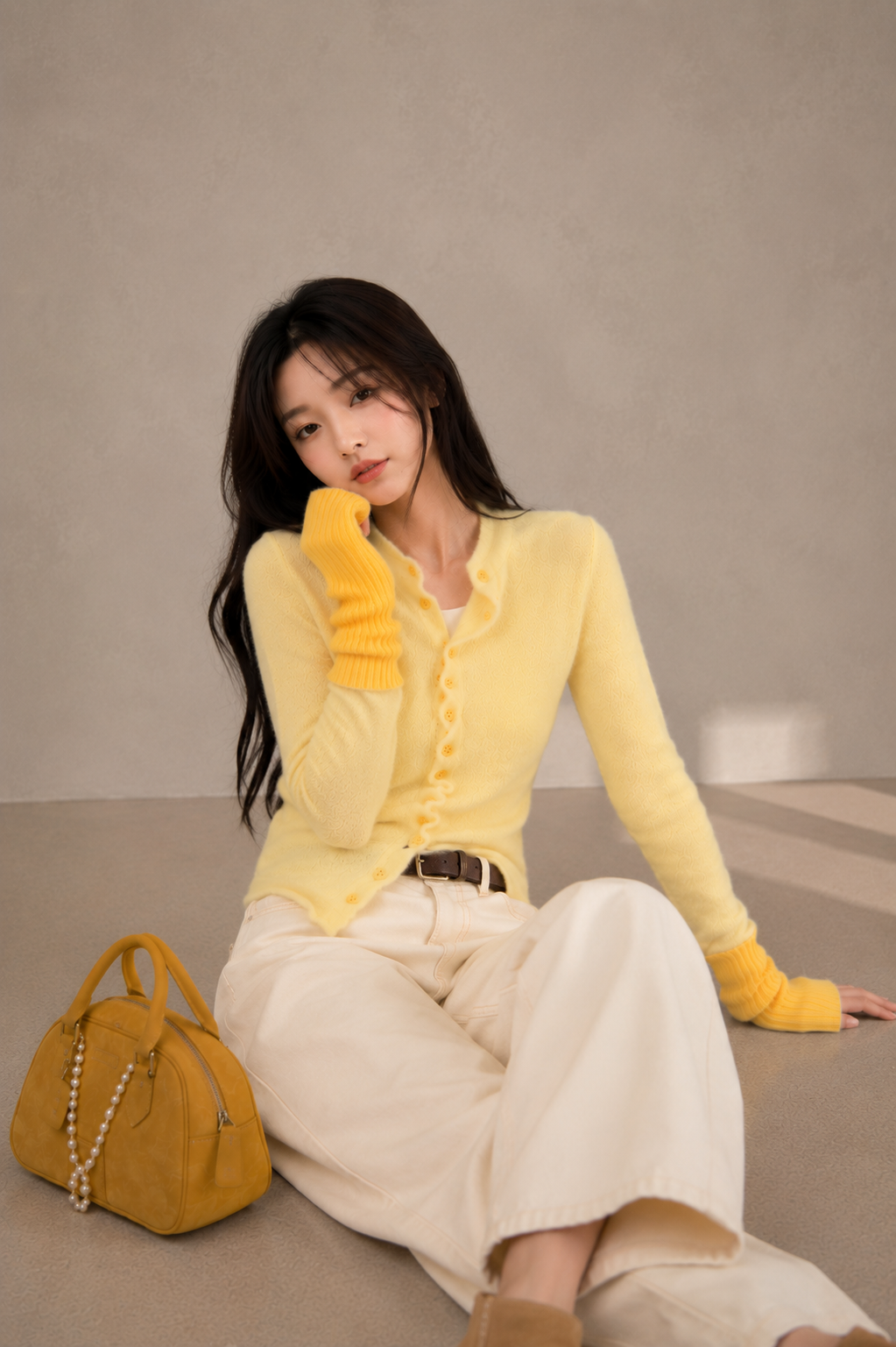 Contrast Wave-Edge Knit Cardigan