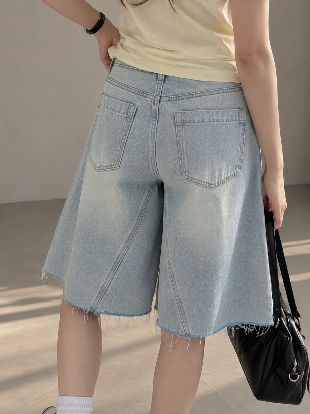 Light-Wash Wide-Leg Denim Bermuda Shorts