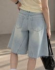 Light-Wash Wide-Leg Denim Bermuda Shorts
