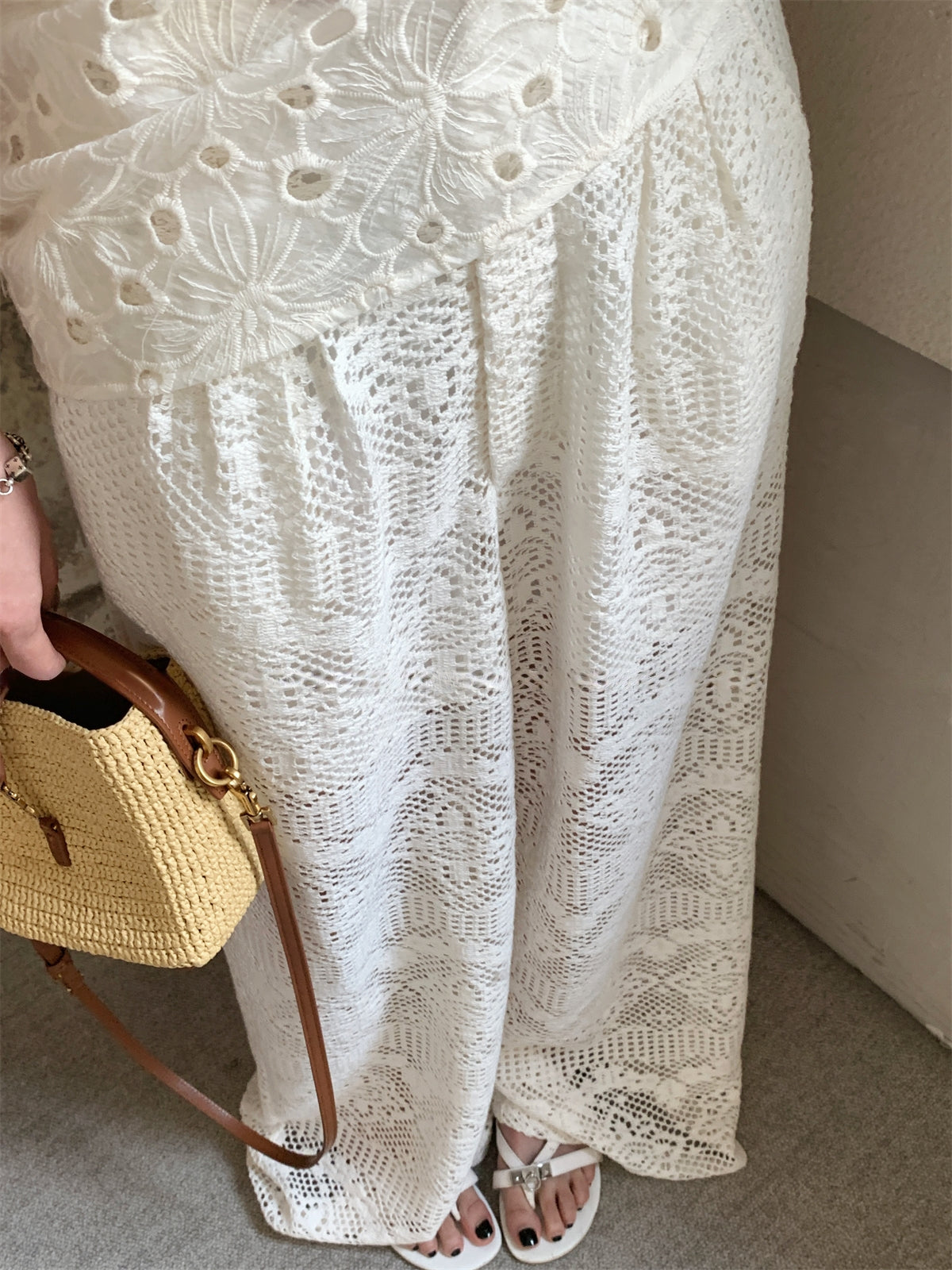 Hollow Lace Wide-Leg Pants