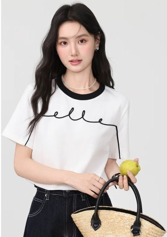 ELLE French-Style Crewneck Contrast Cotton Tee