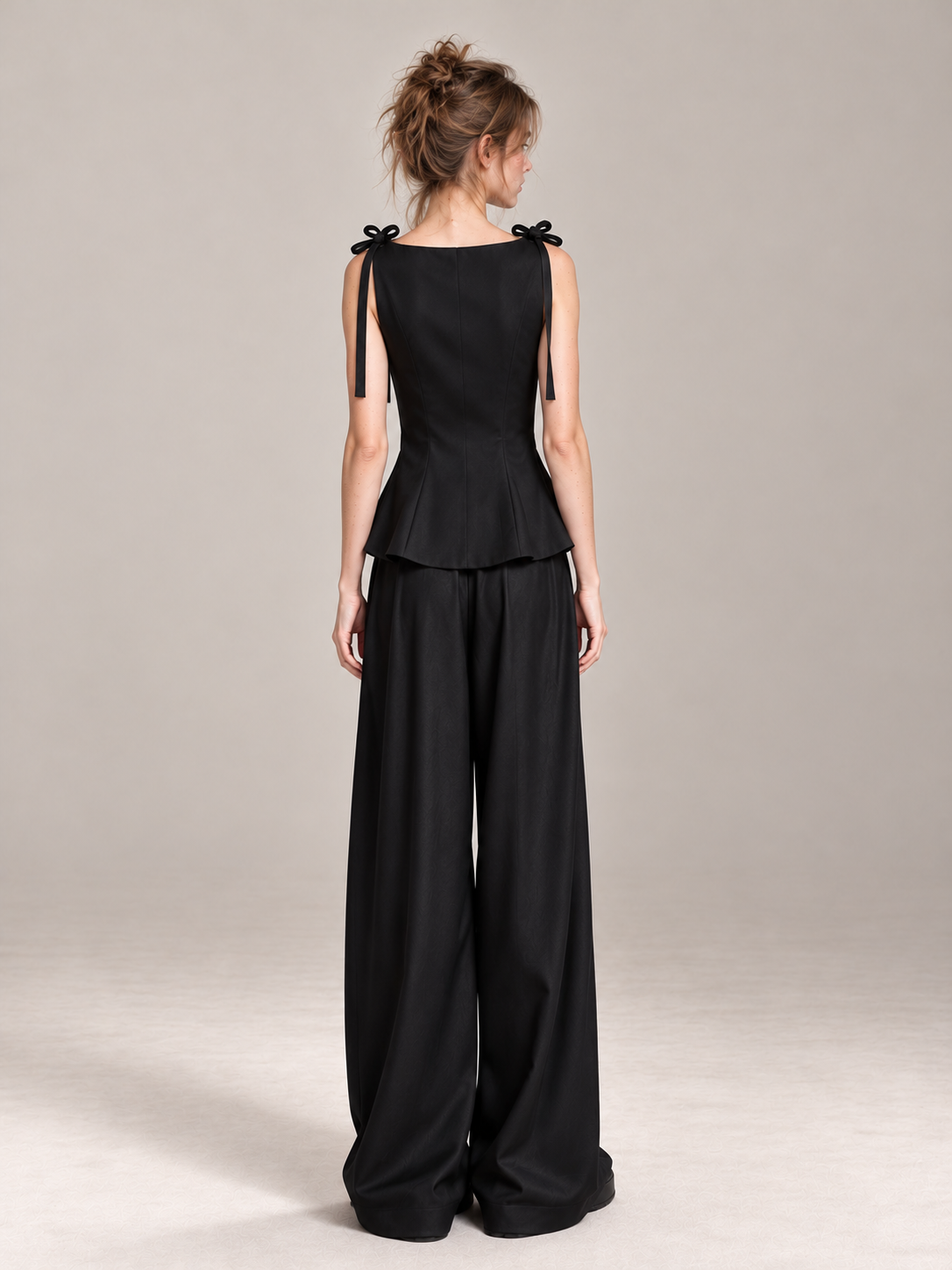 French-Inspired Black Bow-Tie Peplum Top &amp;amp; Wide-Leg Pants Set