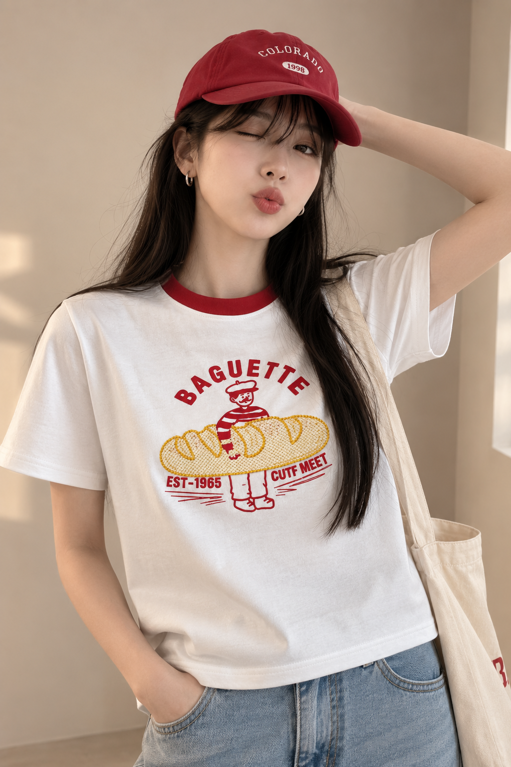 Korean-Style 3D Bread Embroidery Cotton Tee