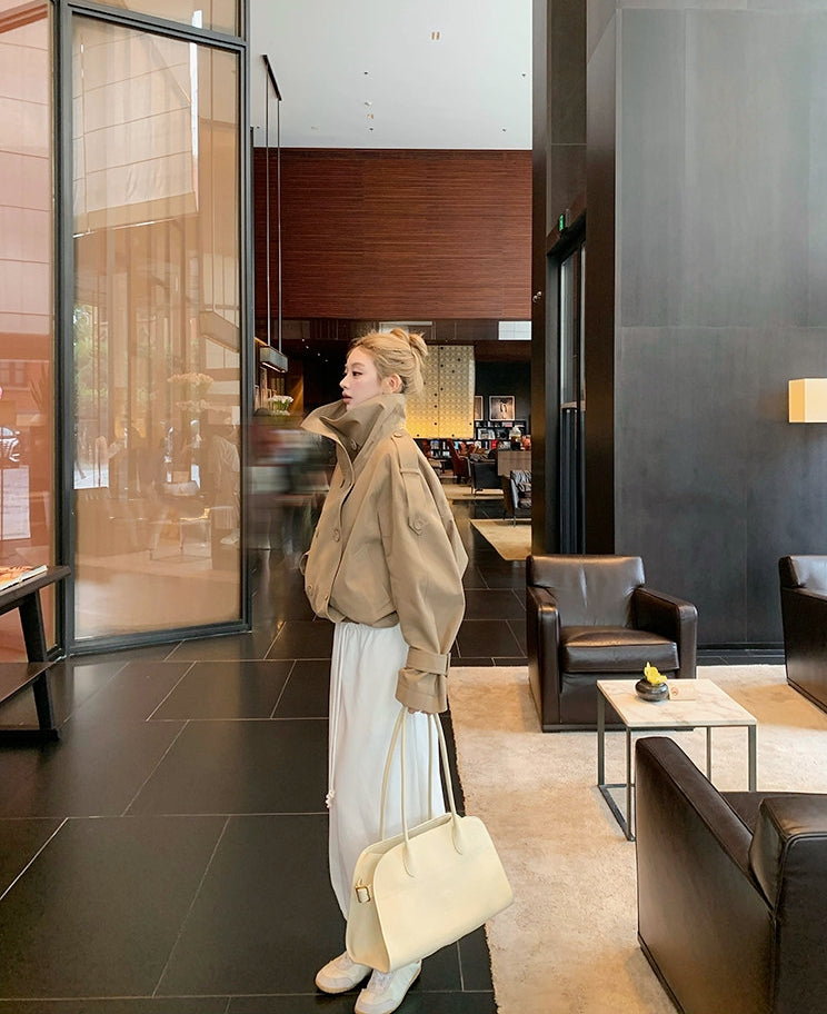 French double-breasted short trench coat with oversized lapel