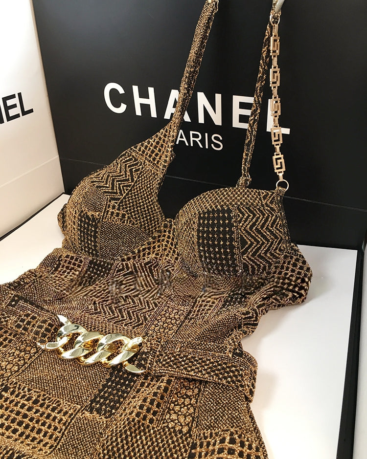 Black &amp;amp; Gold Luxe One-Shoulder Swimsuit