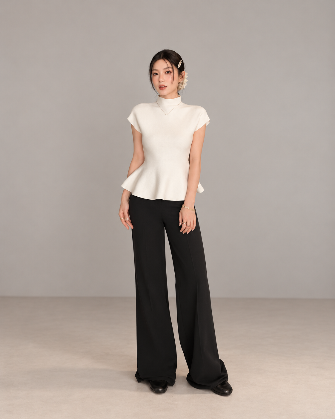 Jennie-inspired French semi-high neck ruffle hem knit top