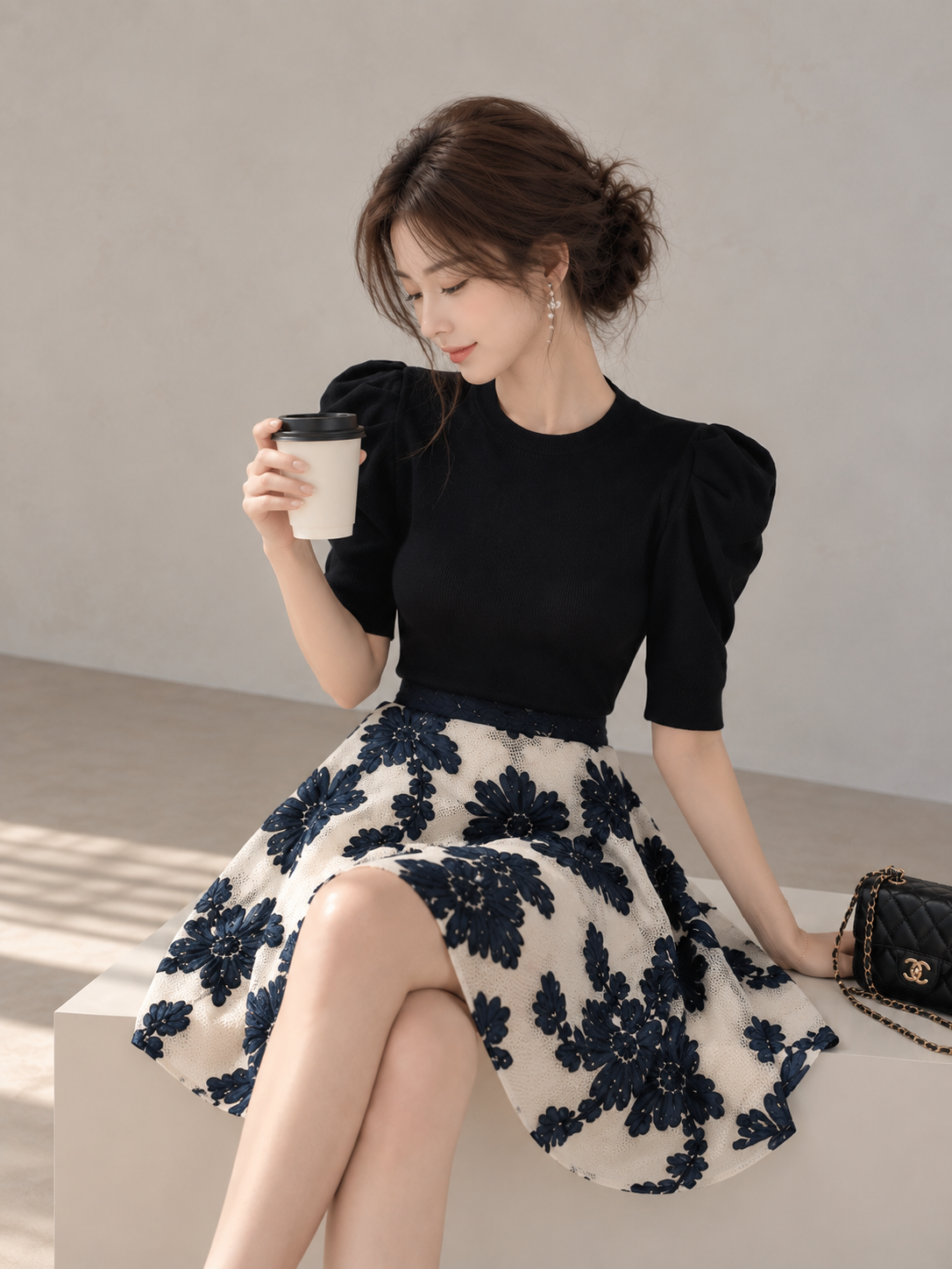 Korean-Style Vintage Blue &amp;amp; White Embroidered Skirt and Knit Top Set