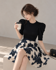 Korean-Style Vintage Blue &amp; White Embroidered Skirt and Knit Top Set