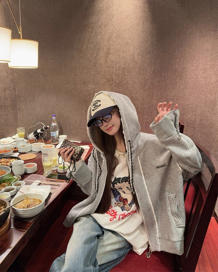 Ruffled Trim Hooded Zip-Up Sweatshirt