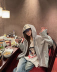 Ruffled Trim Hooded Zip-Up Sweatshirt