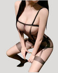 Sexy Black Sheer Open-Crotch One-Piece Bodysuit with Stockings