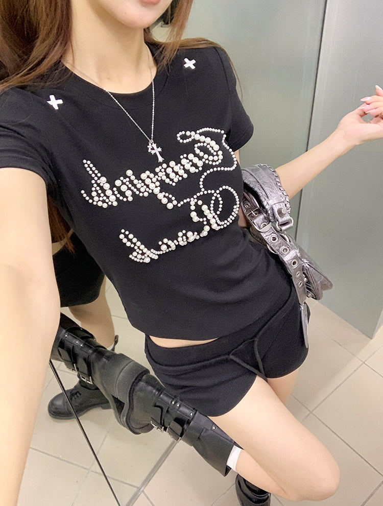 Black Structured Shoulder Beaded Cotton Tee