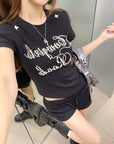Black Structured Shoulder Beaded Cotton Tee