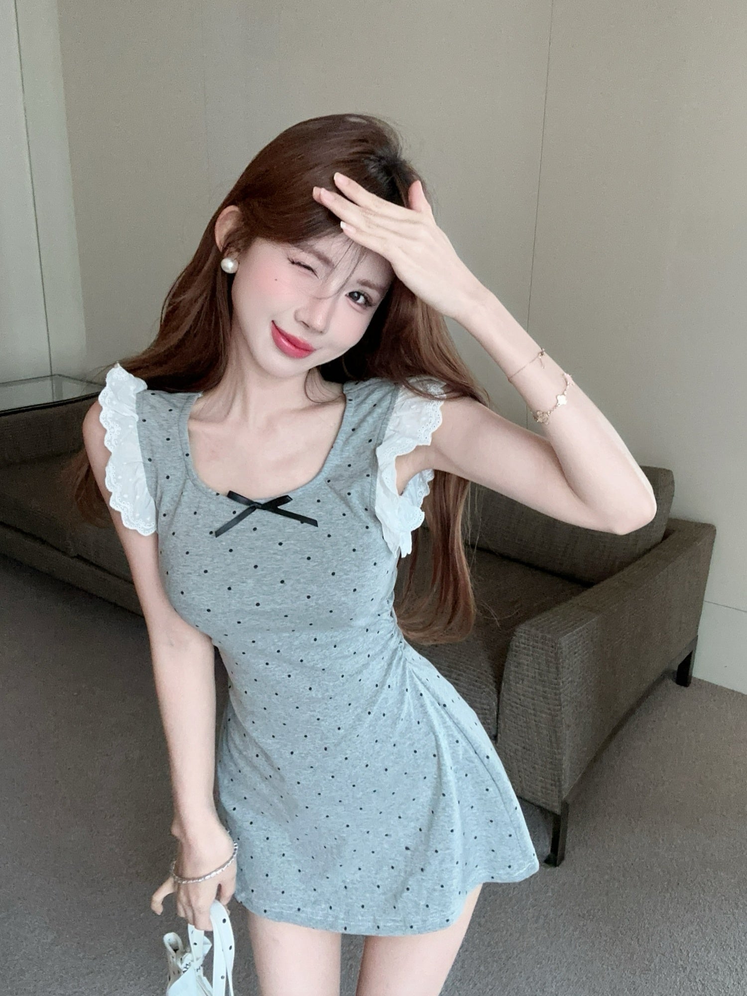 Purely Innocent Style Girl-Feel Short Flutter Sleeve Waist-Tied Dress