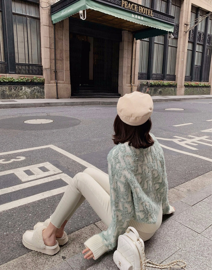 Letter Jacquard Wool Thick Jacket