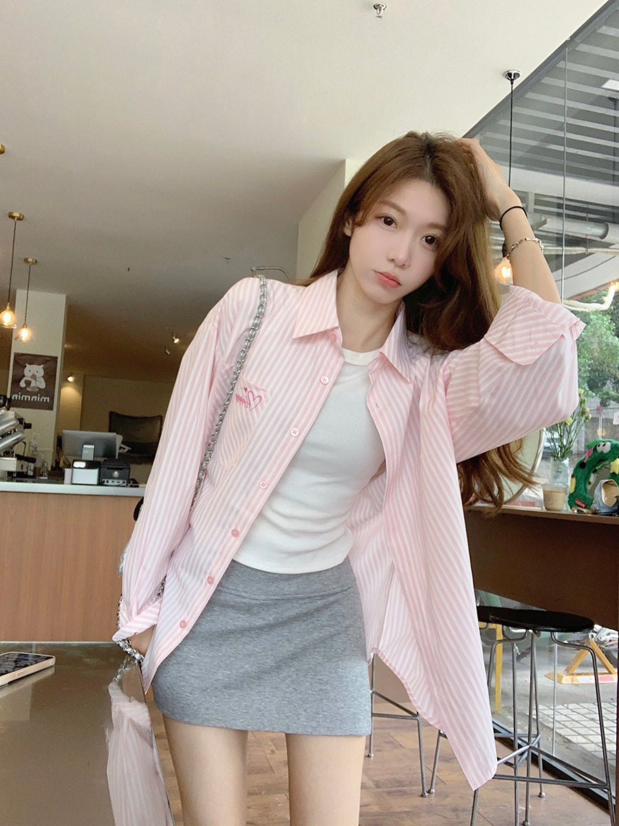 Korean-Style Sweet Pink Striped Shirt