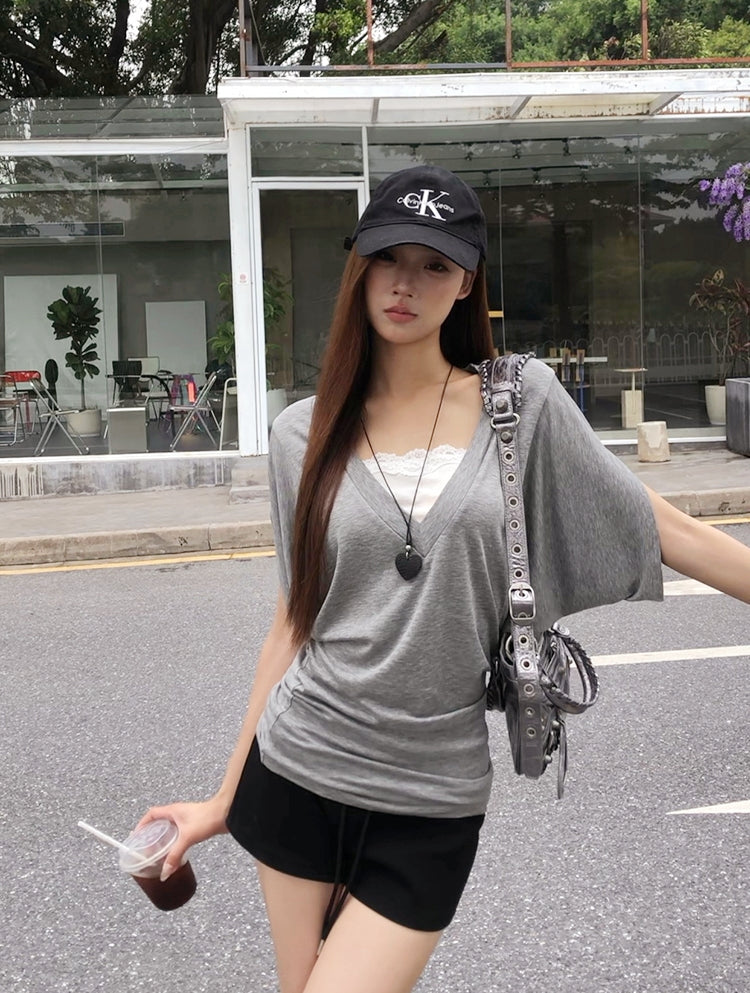 Regular-Shoulder Lace Patchwork Batwing Waist Tee