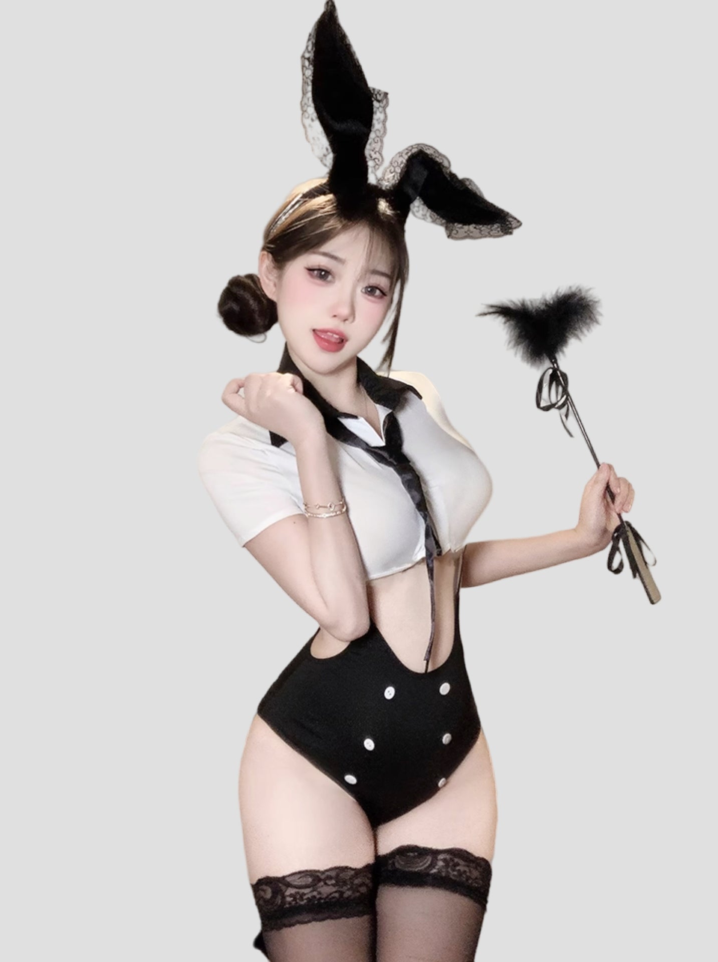 Open-Bust Secretary Style One-Piece Lingerie (with Stockings or Fishnets)