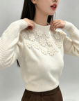 French Heavywork Chunky Floral Wool-Cashmere Sweater