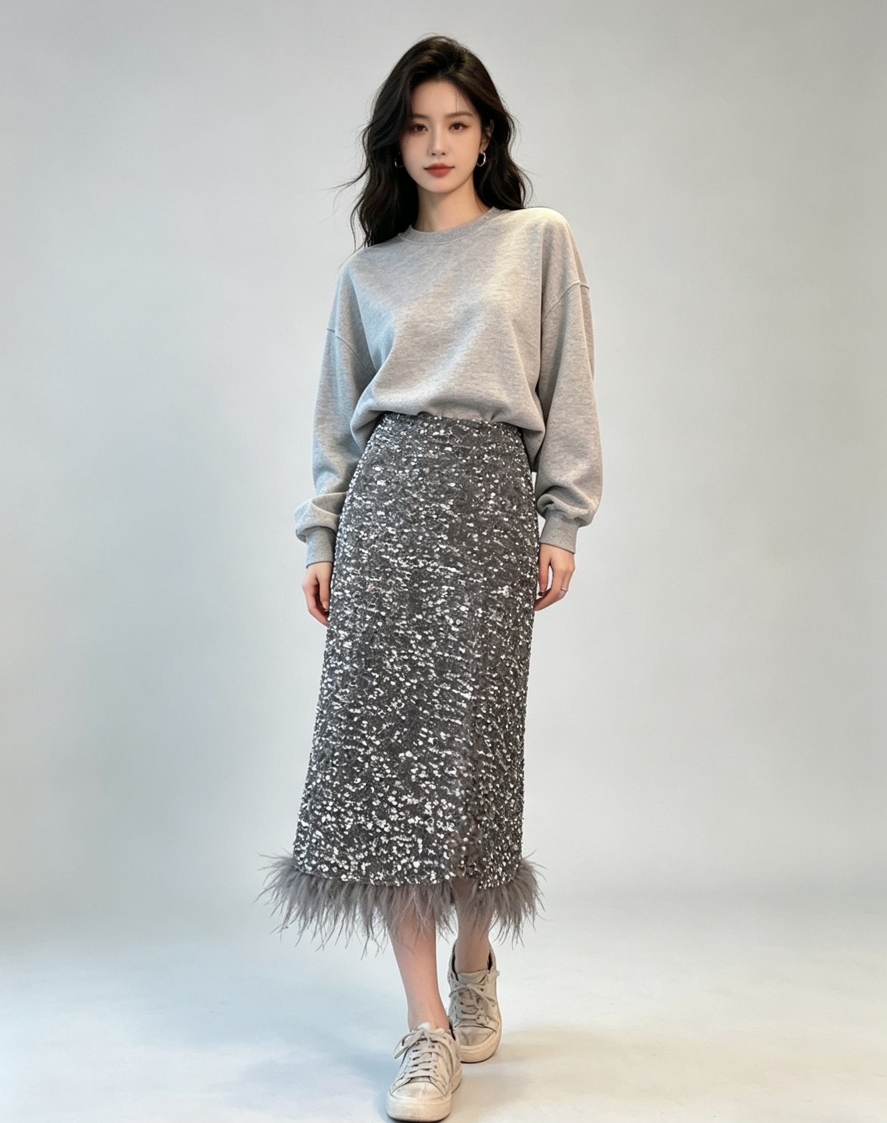 Sequin Skirt with Ostrich-Feather Trim