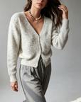 French-Style Sequin V-Neck Gray Knit Cardigan