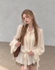 White Moonlight Ribbon Chiffon V-Neck Blouse
