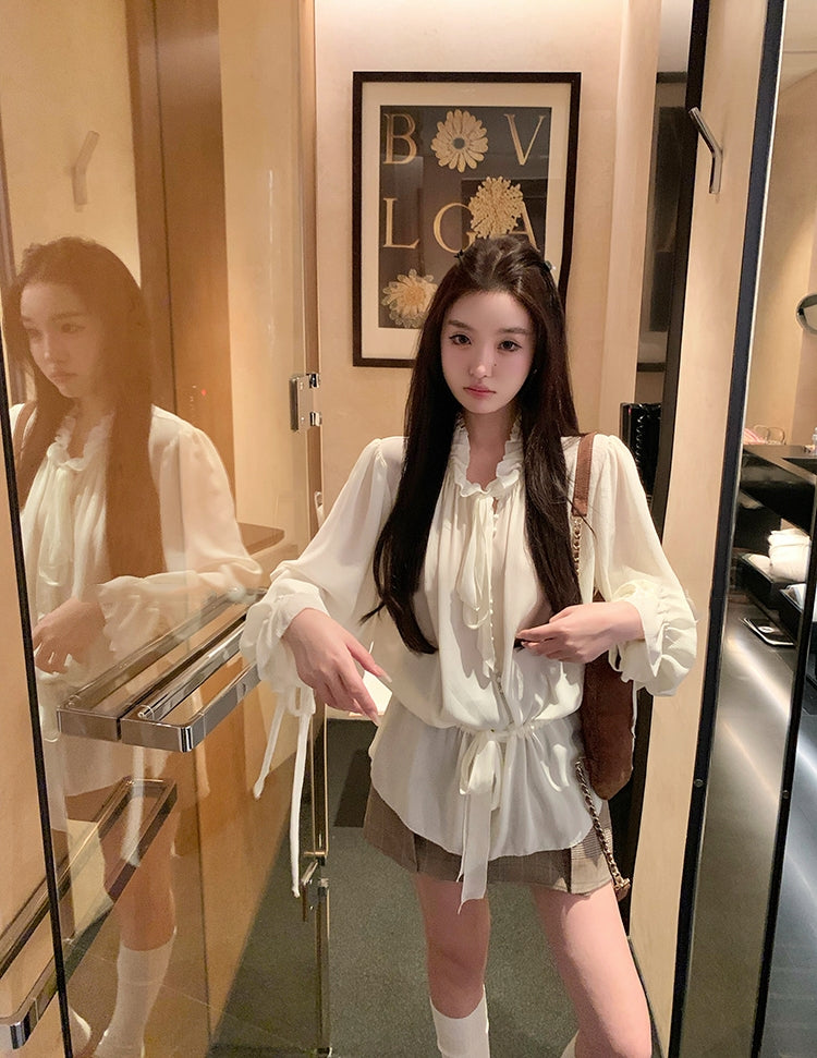 White Moonlight Ribbon Chiffon V-Neck Blouse