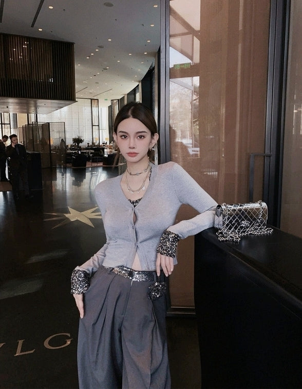 Handcrafted sequin flower tailored pants