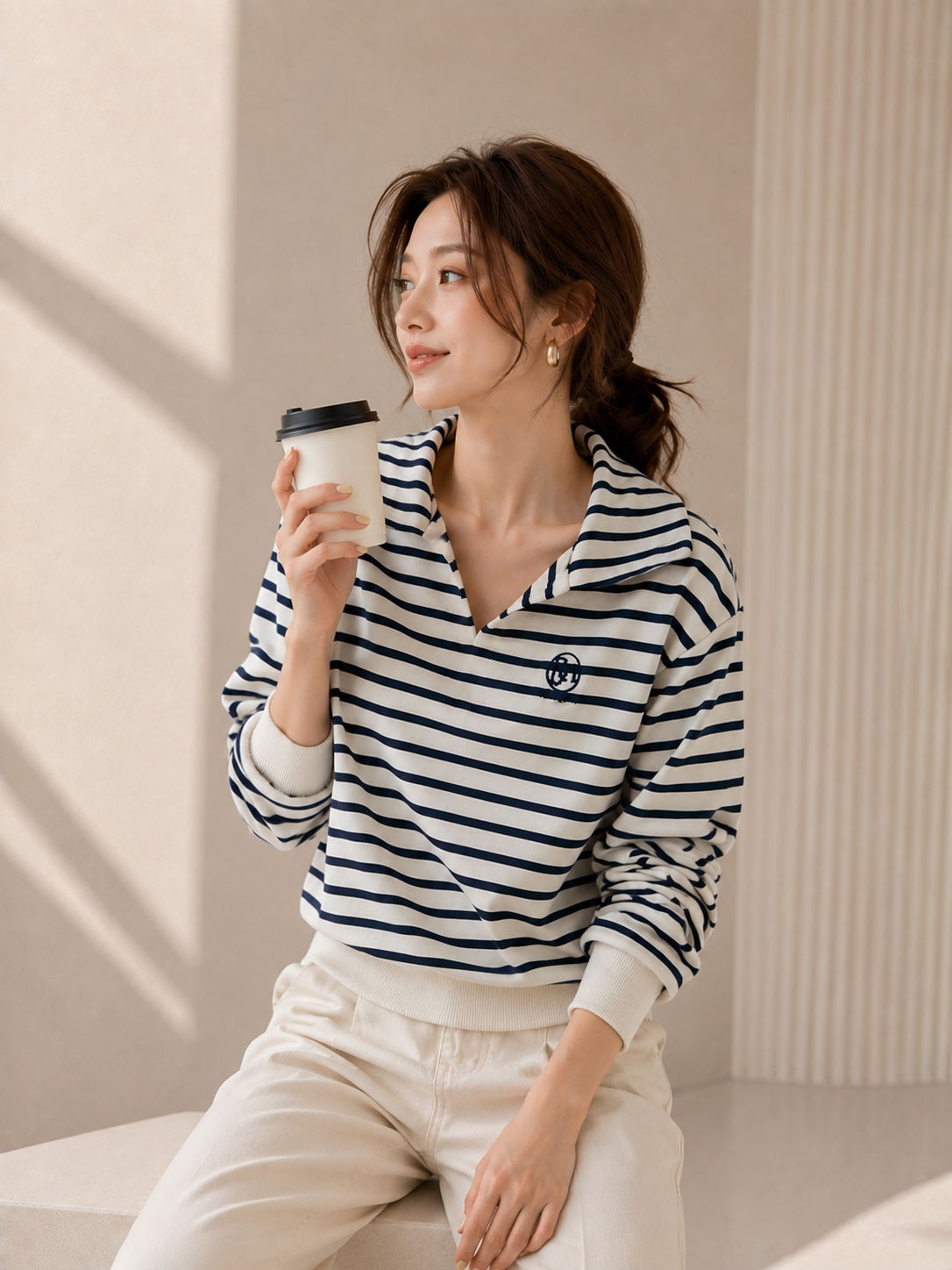 Cotton Korean-Style Striped Polo Top