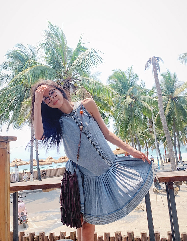 Pleated Denim Vest Dress