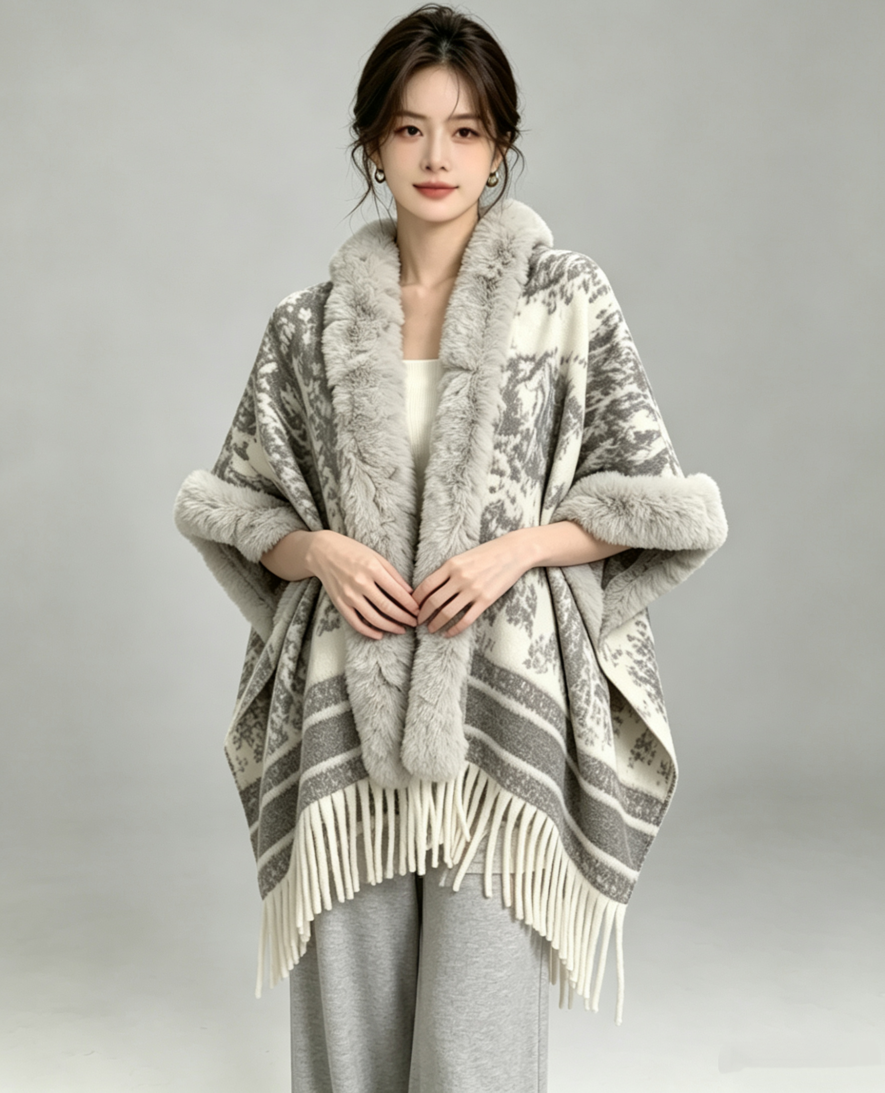 Faux Fur Trimmed Cape Coat