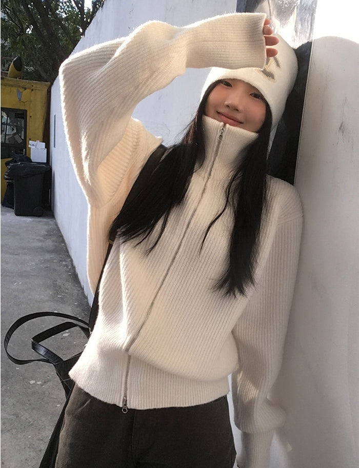 Double-Zip High Neck Thick Knit Cardigan