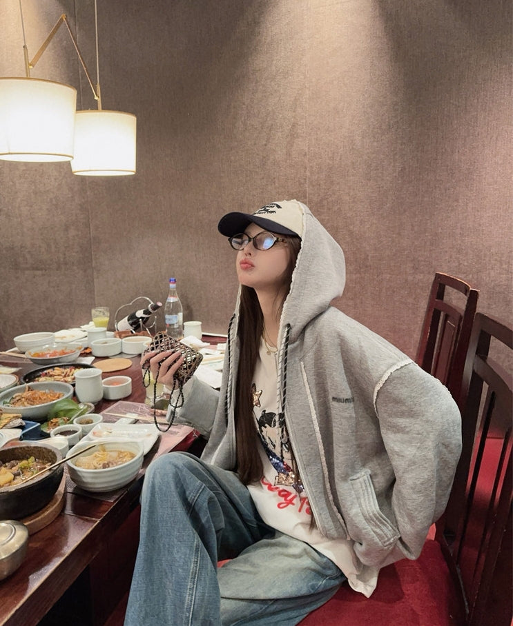 Ruffled Trim Hooded Zip-Up Sweatshirt