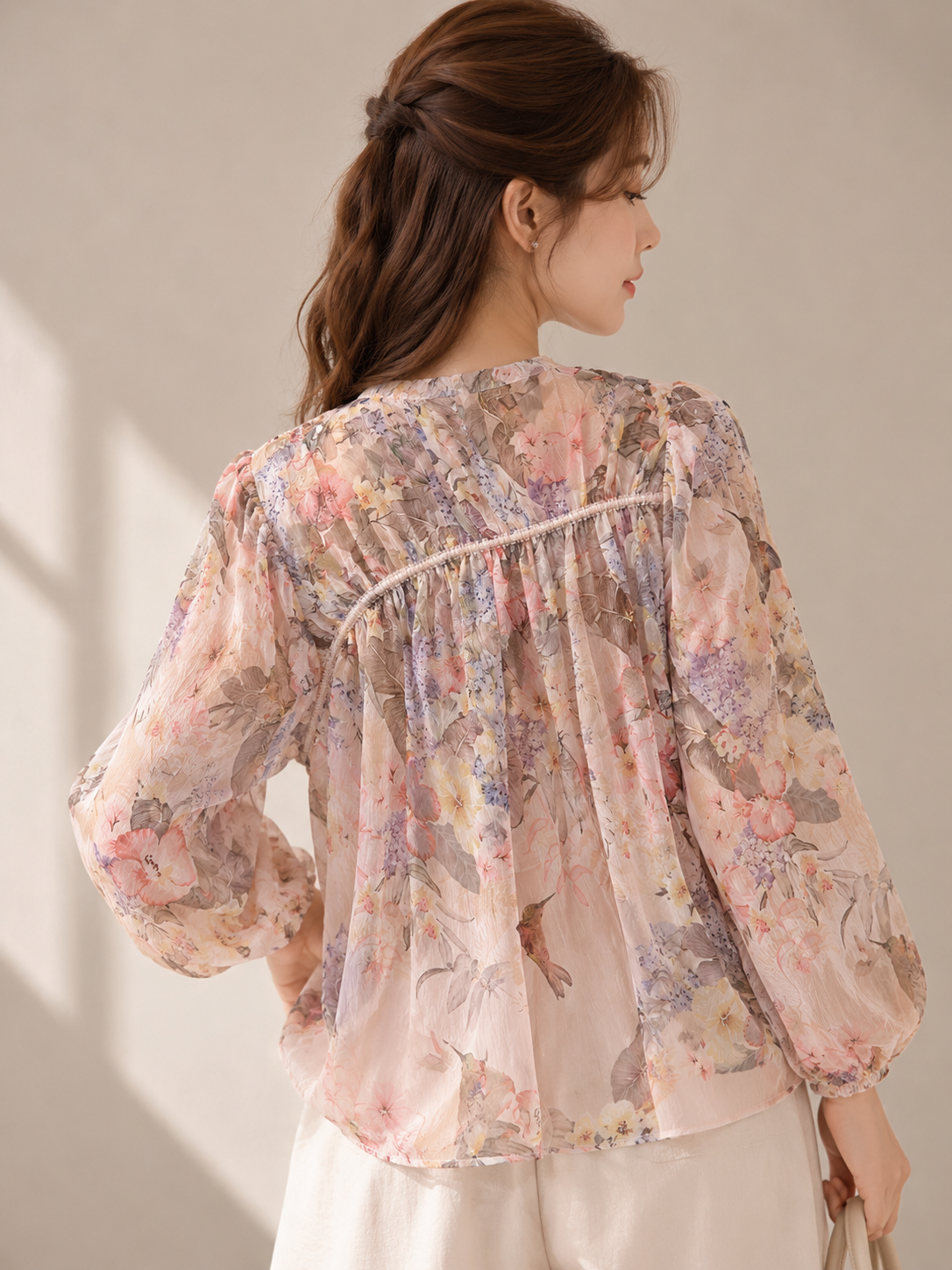 Floral Drawstring Balloon Sleeve Blouse (Includes Bandeau Top)