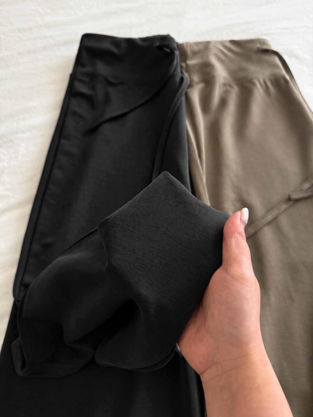 Soft, fluid wide-leg trousers with a comfortable wide waistband.