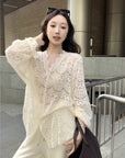 Embroidered Lace Hollow-Out Flare Sleeve Sunscreen Top