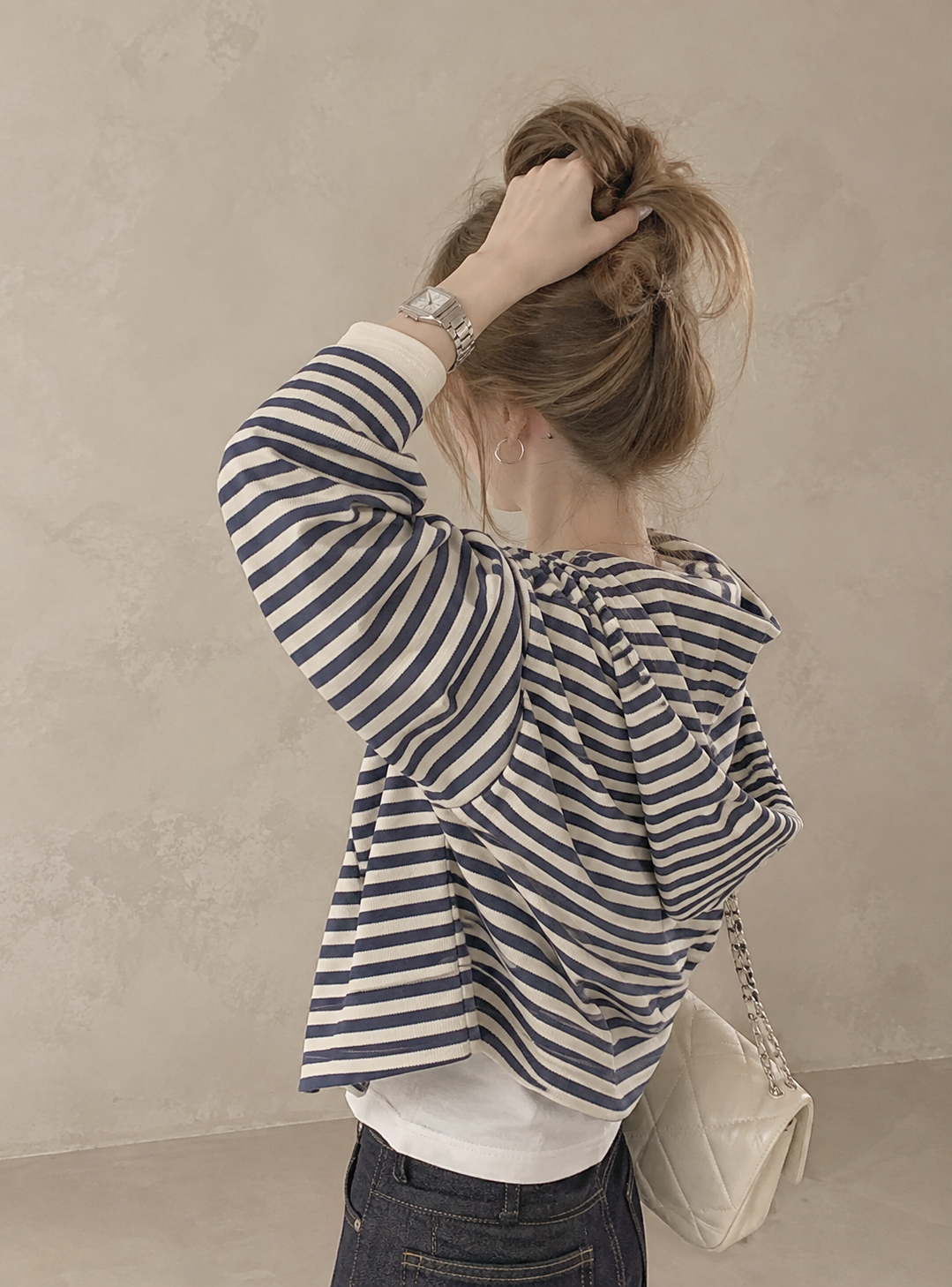 Korean-Inspired Blue Striped Hooded Zip-Up